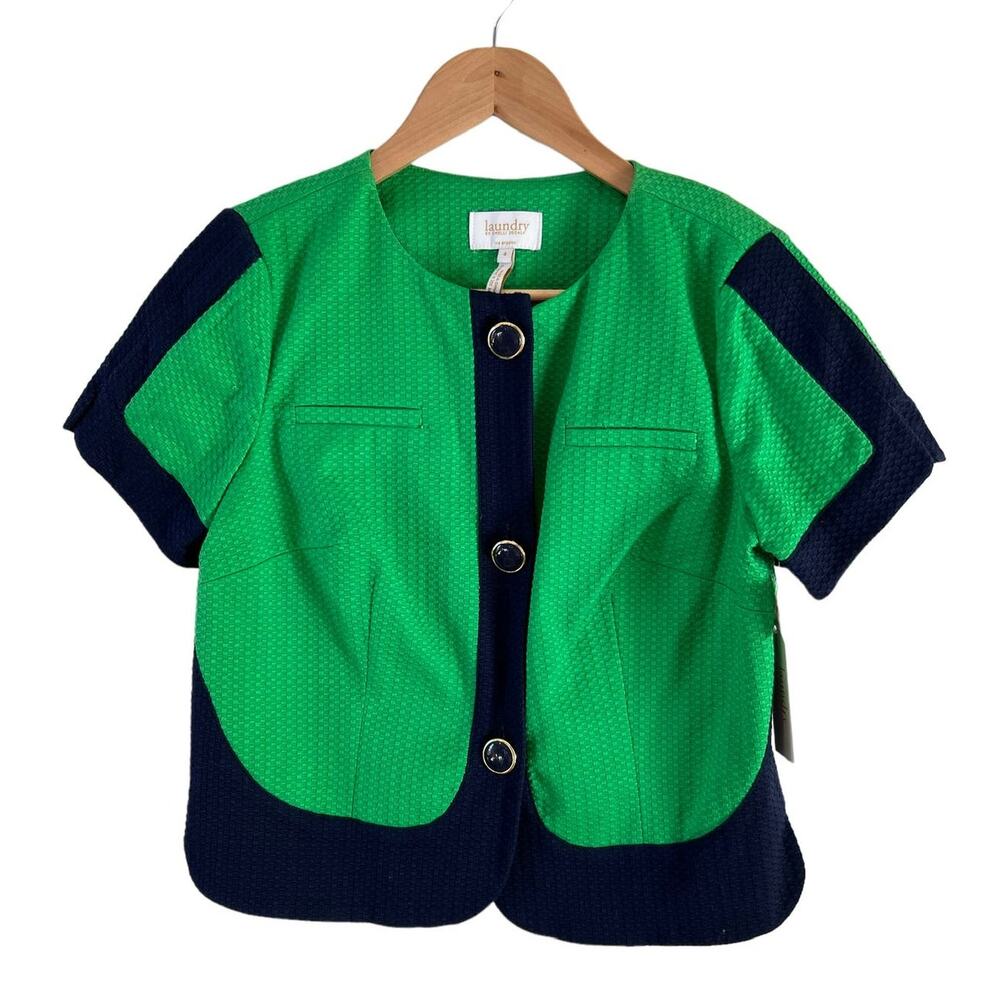 Laundry Shelli Segal Kelly Short Sleeve Lady Jacket Green Navy Blue
